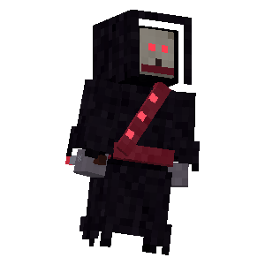 3D render of a black-robed cultist with a pale masked face and red eyes