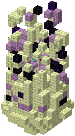 3D render of a ruined tower of end stone brick, purpur and obsidian on a floating island