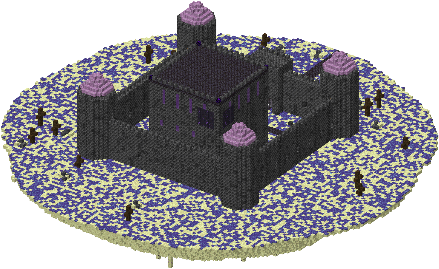 3D render of the Revenant Castle: a dark deepslate curtain wall with four round towers capped in purpur, a gatehouse and a great keep, on an island of end stone and Hollow Grass