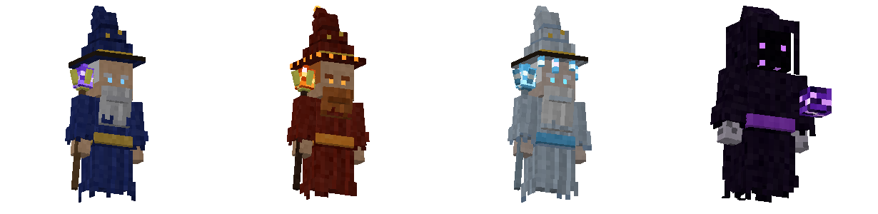 3D renders of the Arcane, Fire, Frost and Void wizards